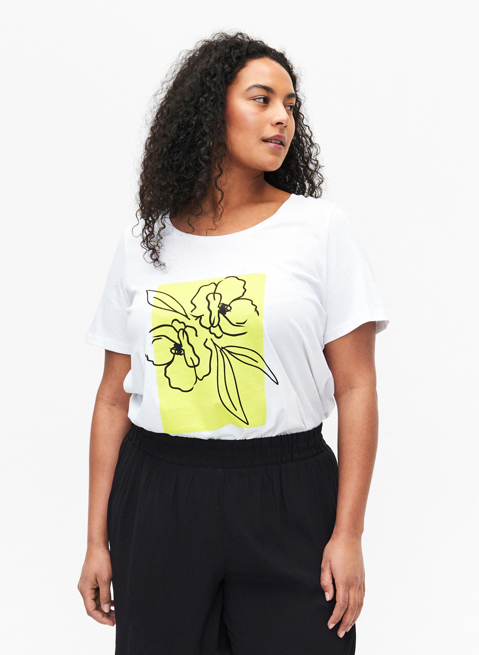 Zizzi Bomulds t-shirt med motiv, B. White w. Sulphur, Model image number 0