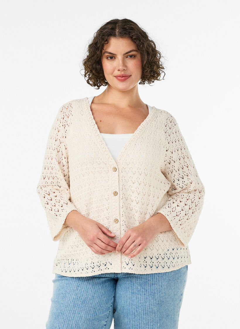 Strikket cardigan med hulm&oslash;nster og V-udsk&aelig;ring, Beige, Model image number 0
