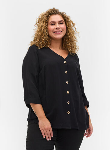 Viskose bluse med knapper og v-hals, Black, Model image number 0