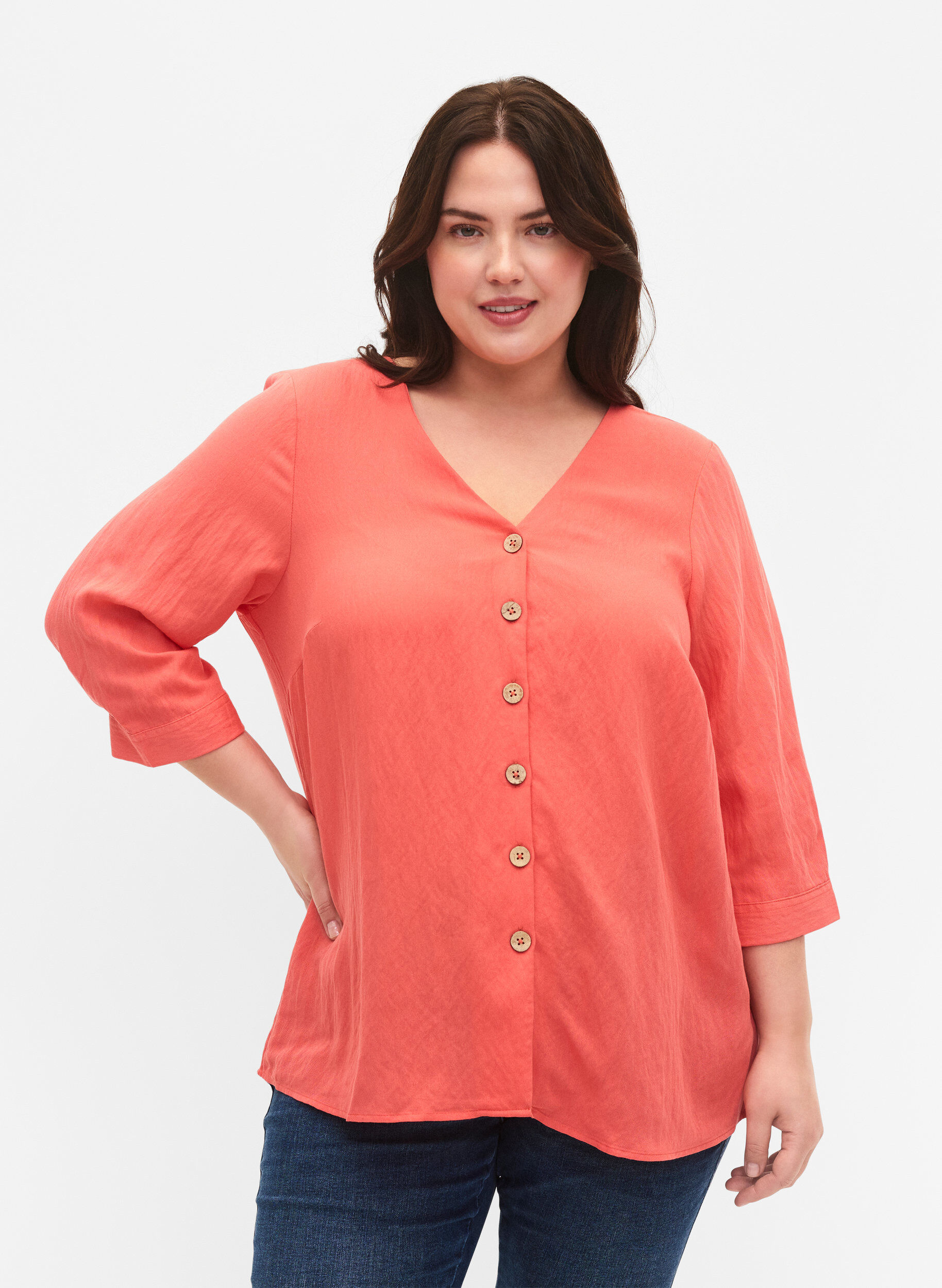 Zizzi Viskose bluse med knapper og v-hals, Deep Sea Coral, Model image number 0