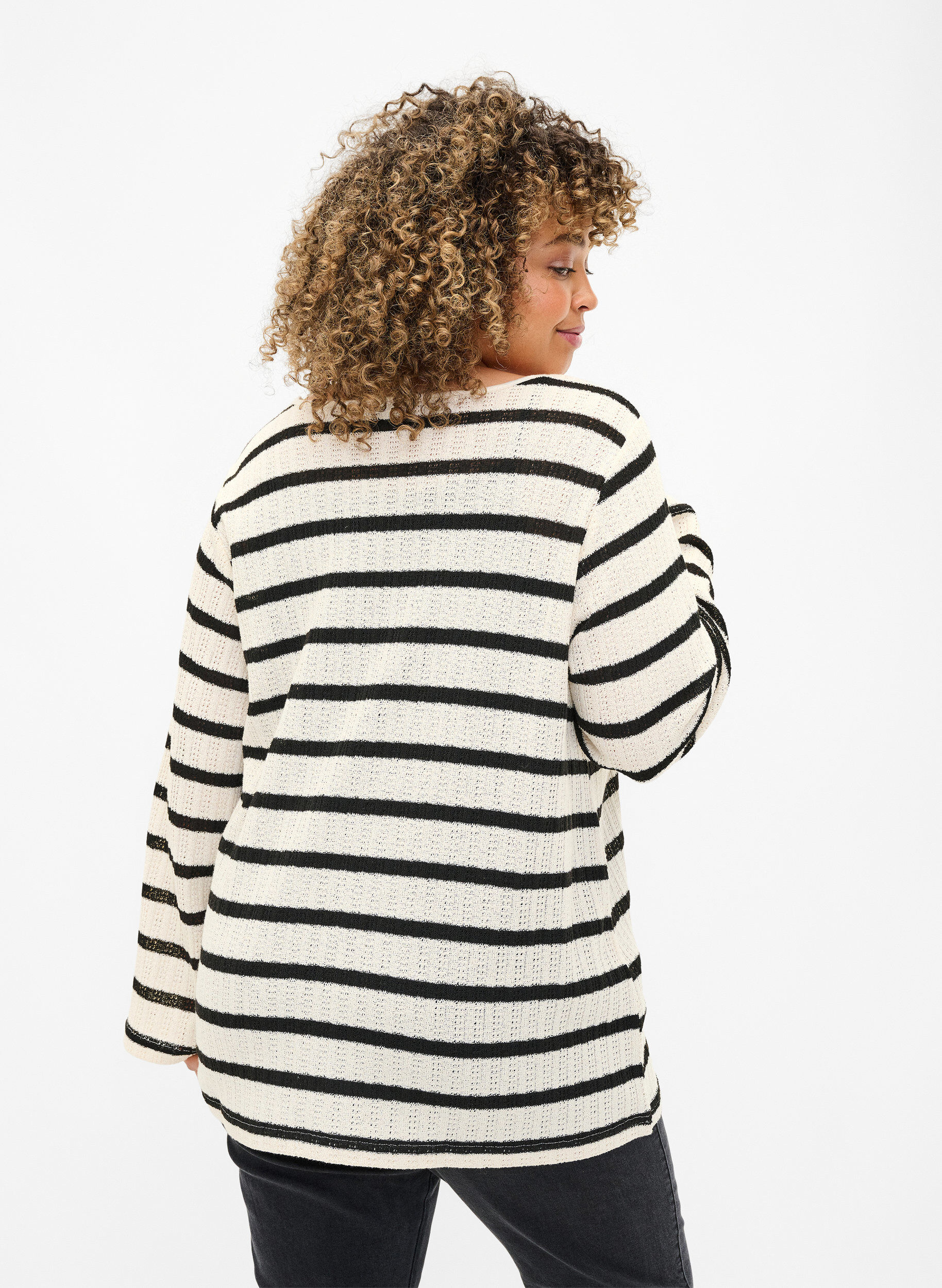 Zizzi Stribet cardigan med bindeb&aring;nd, Sand Black Stripe, Model image number 1