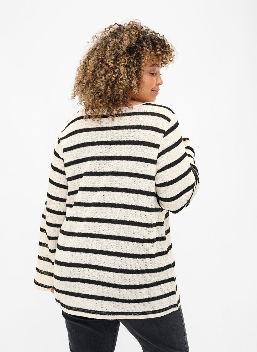 Stribet cardigan med bindebånd, Sand Black Stripe, Model image number 1