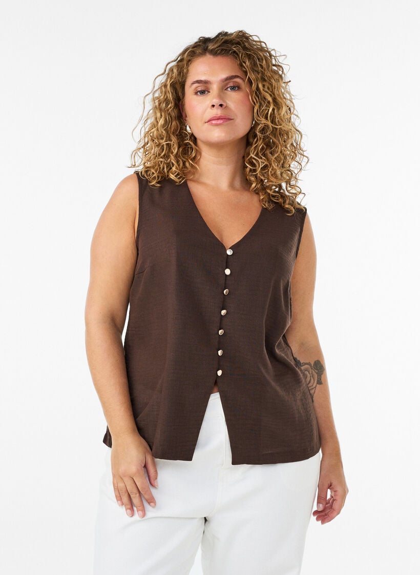 &AElig;rmel&oslash;s vest med V-udsk&aelig;ring og knapper, Brun, Model image number 0