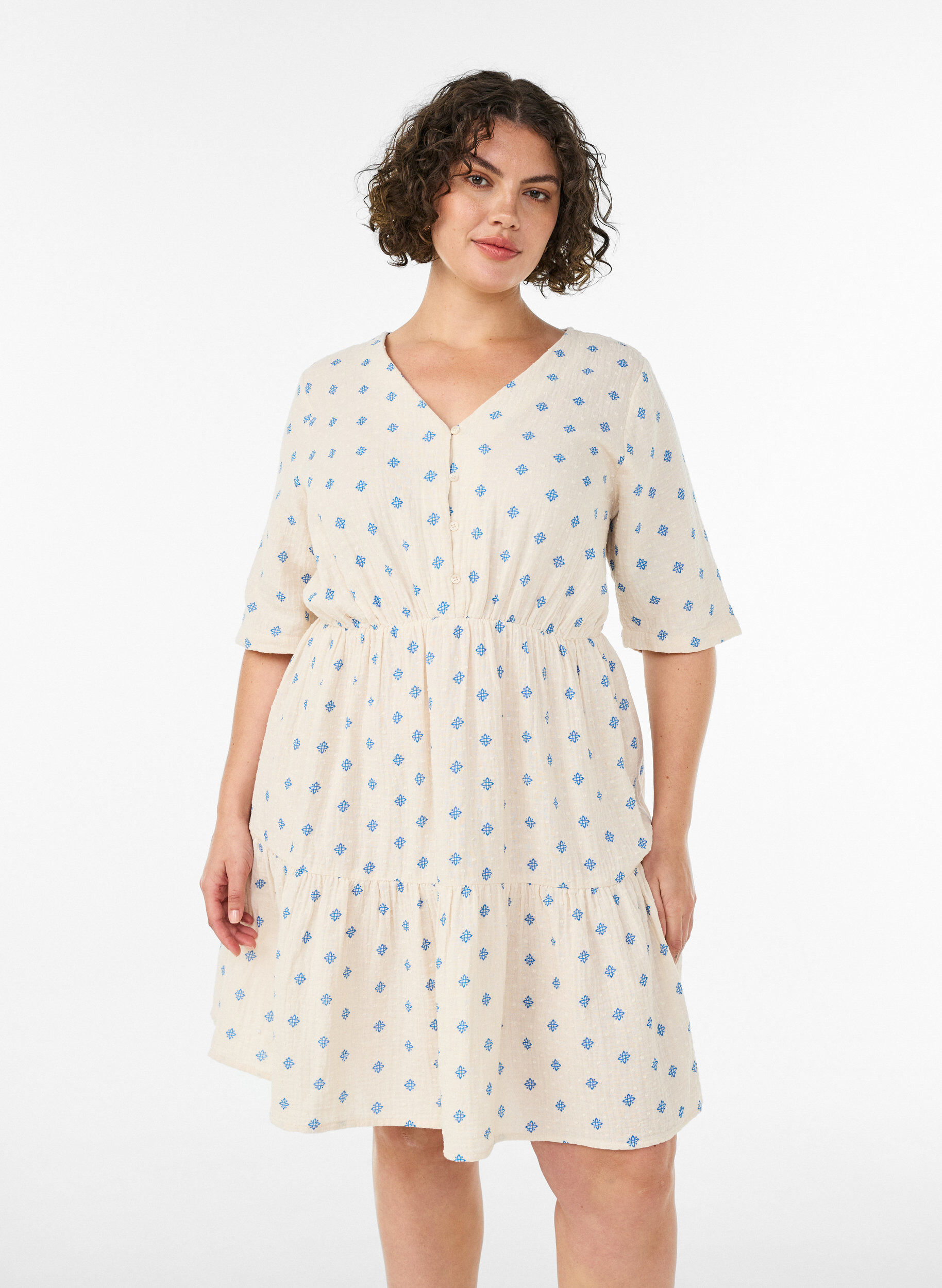 Kjole i bomuld med print og elastisk talje, Beige, Model