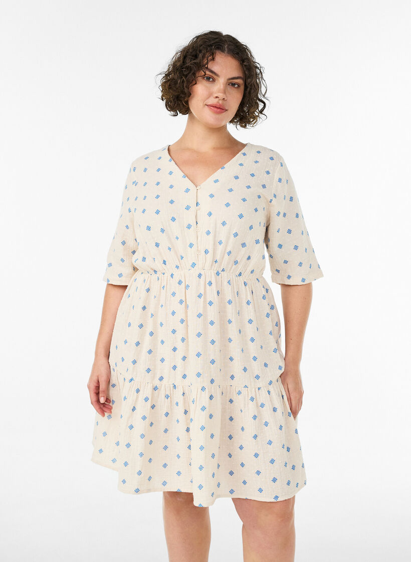 Kjole i bomuld med print og elastisk talje, Beige, Model image number 0