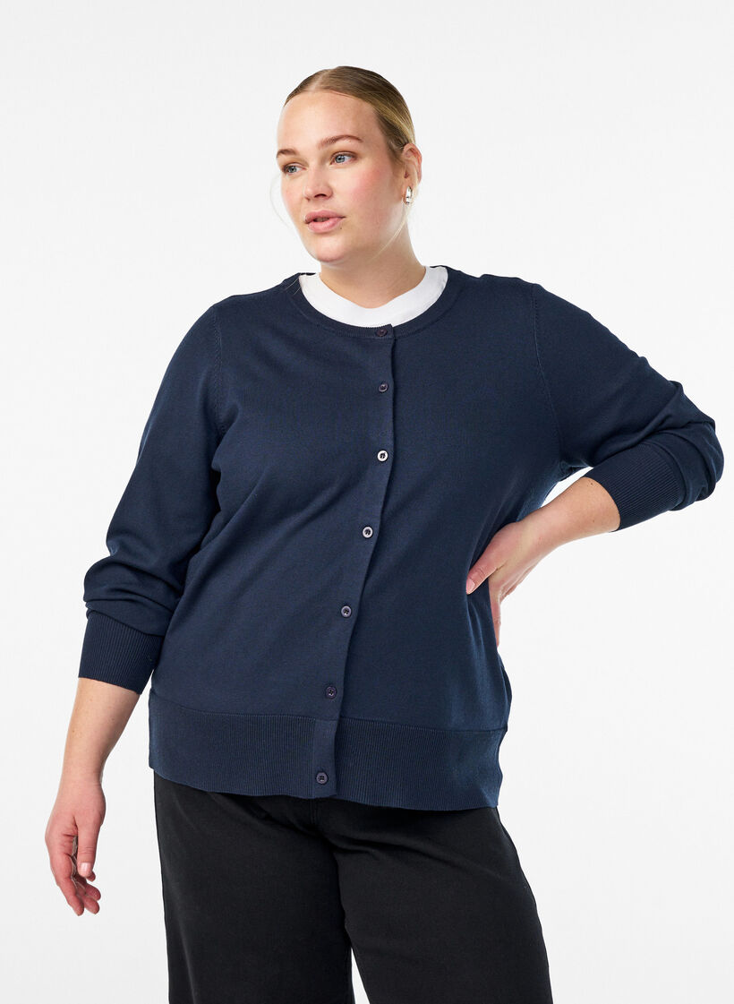 Finstrikket cardigan med rund hals, Bl&aring;, Model image number 0