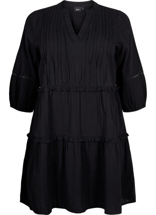Kjole i bomuld med 3/4 ærmer og flæser, Black, Packshot image number 0