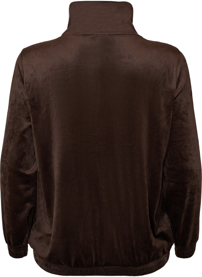 Cardigan i bl&oslash;d velour med lynl&aring;s og h&oslash;j krave, Brun, Packshot image number 1