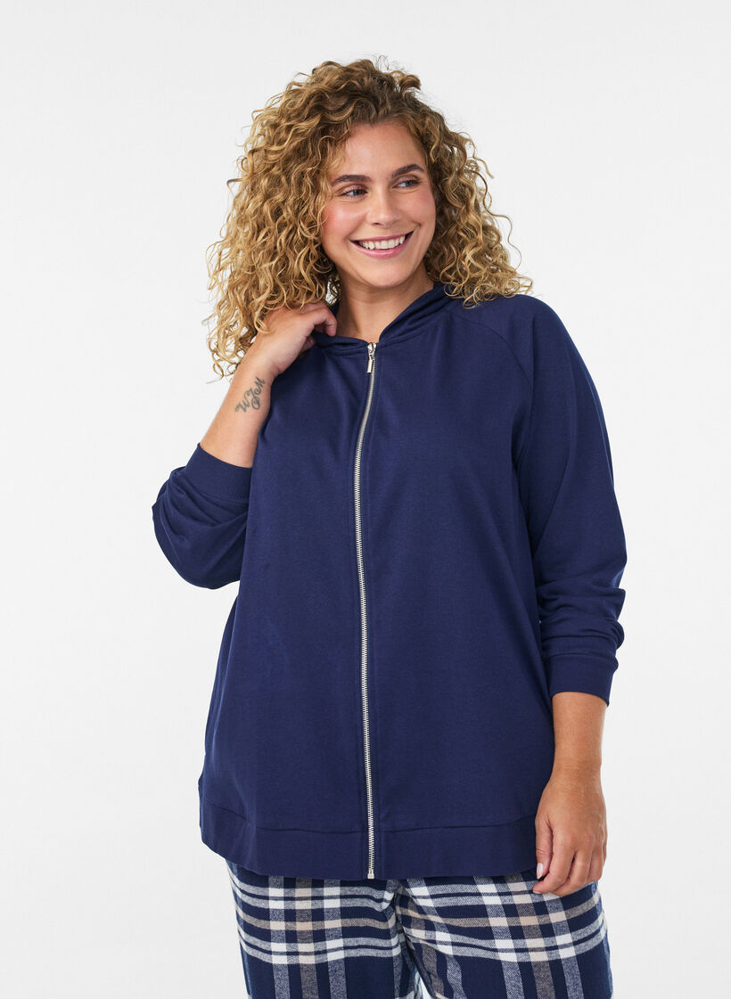 Sweatcardigan med h&aelig;tte og lommer, Bl&aring;, Model image number 0