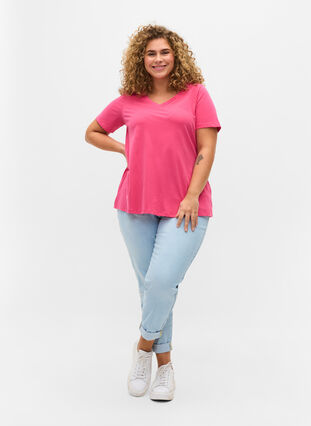 Basis t-shirt med v-hals, Fandango Pink, Model image number 2