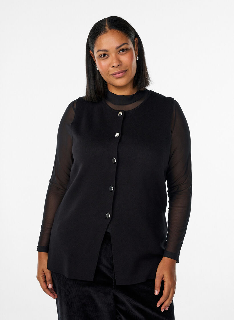 Ærmeløs strikvest med dekorative knapper, Sort, Model image number 0