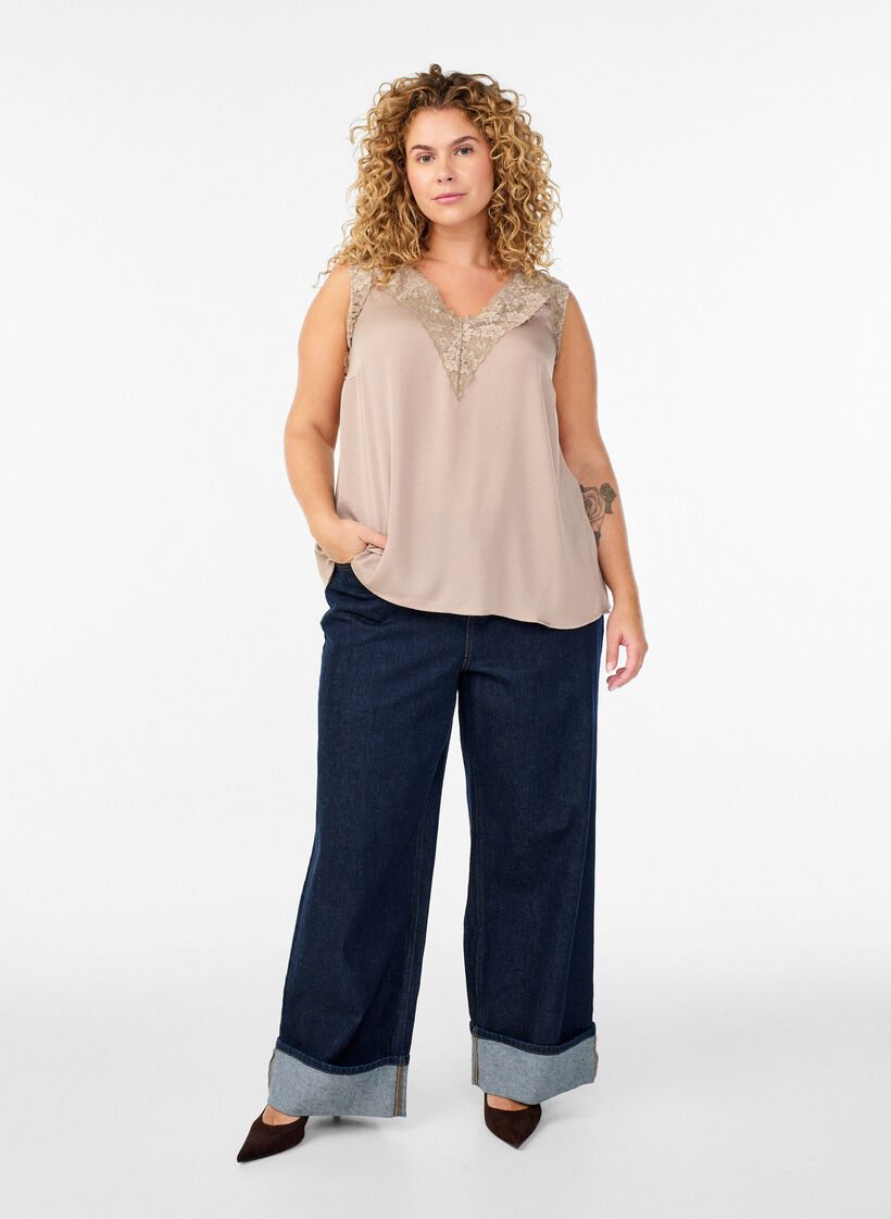 Ærmeløs top med blonde, Beige, Model image number 1