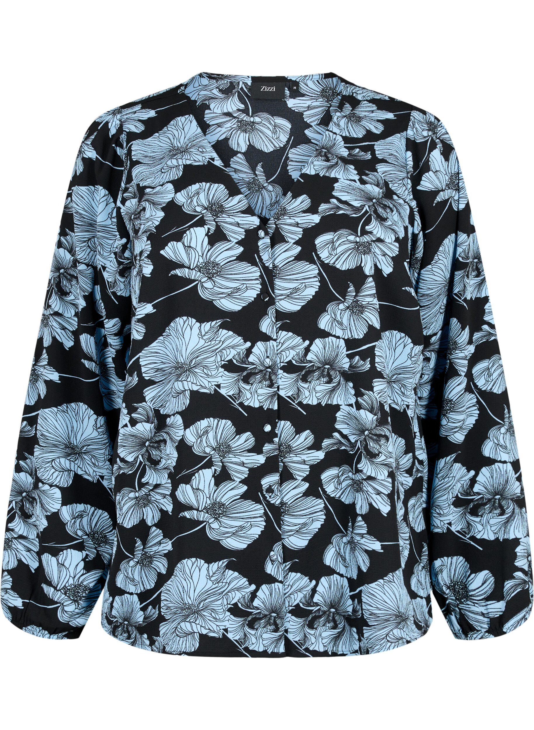 Zizzi Skjortebluse med v-hals og print, Black B. Flower AOP, Packshot image number 0