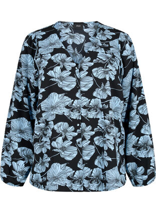 Skjortebluse med v-hals og print, Black B. Flower AOP, Packshot image number 0