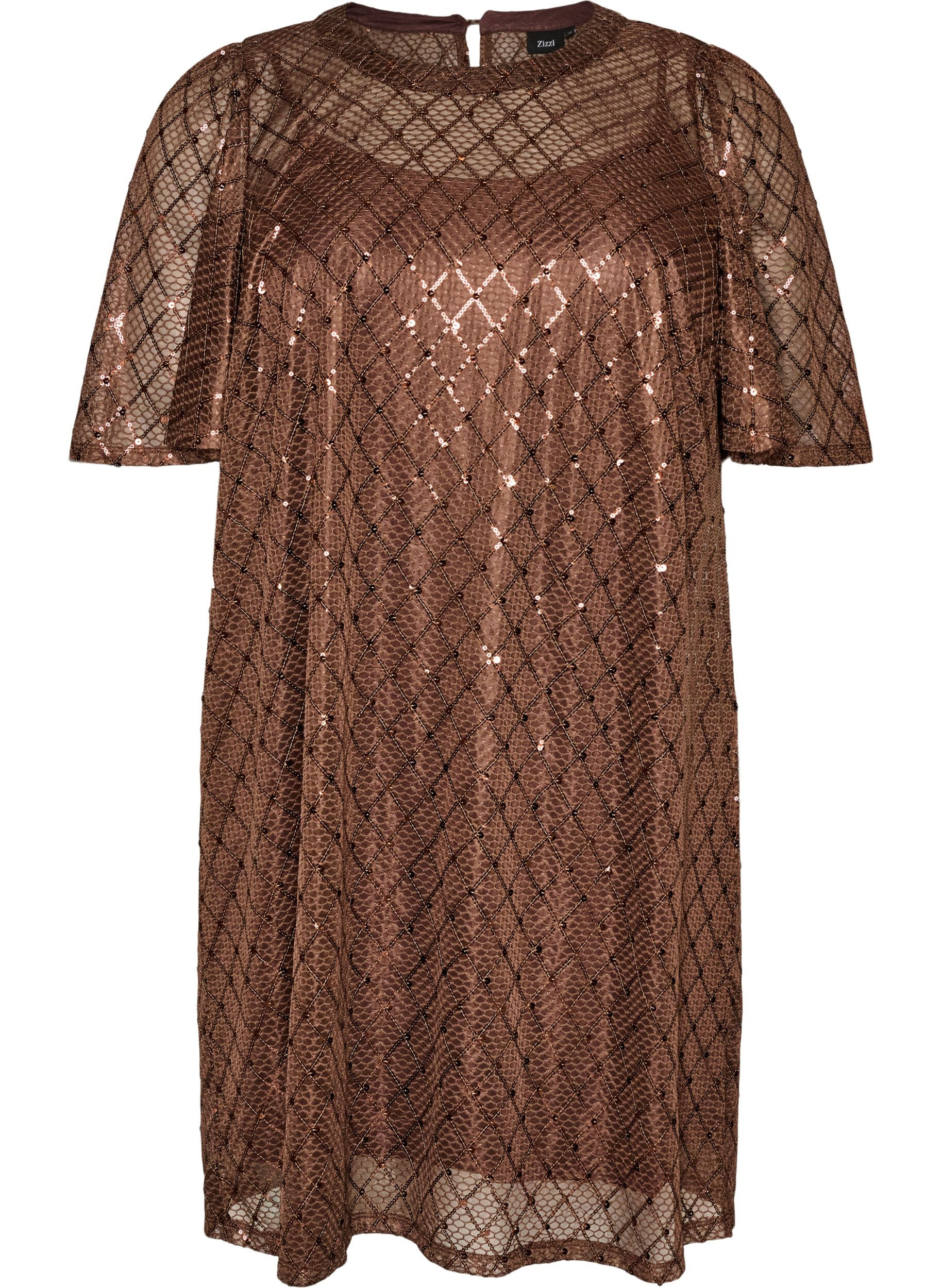 ZizziKort pailletkjole med diamantm&oslash;nster, Brun, Packshot image number 0