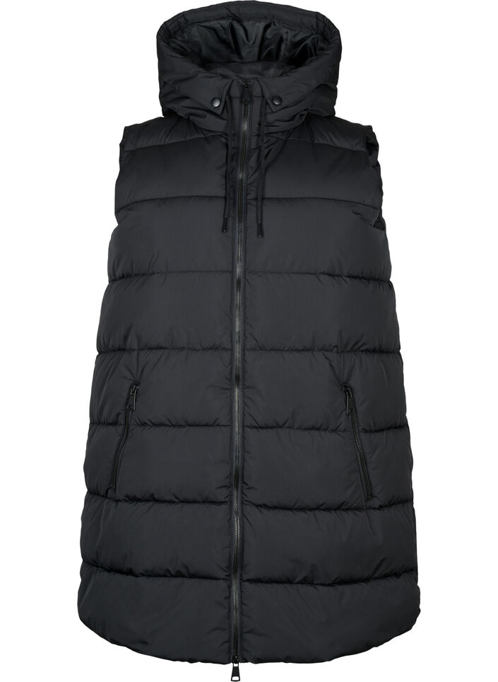 Lang vest med h&aelig;tte og lommer, Sort, Packshot image number 0