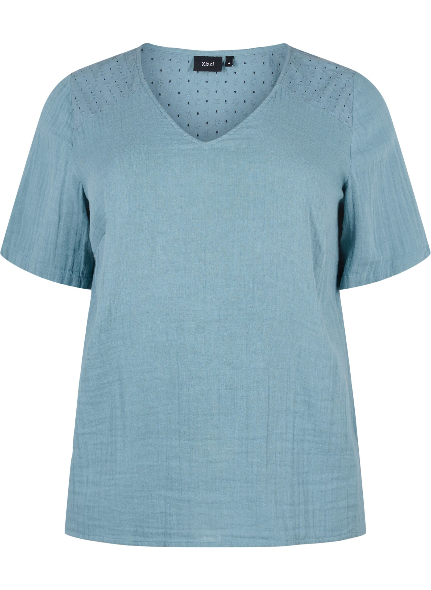 Zizzi Bluse i bomuld med broderi og korte &aelig;rmer, Smoke Blue, Packshot image number 0