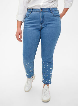 Slim fit Emily jeans med perler , Light Blue, Model image number 2