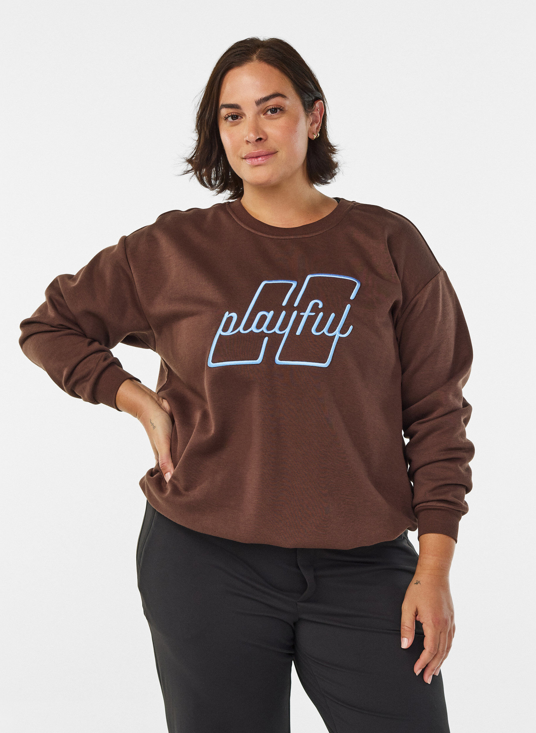 Zizzi Sweatshirt med frontmotiv, Brun, Model image number 0