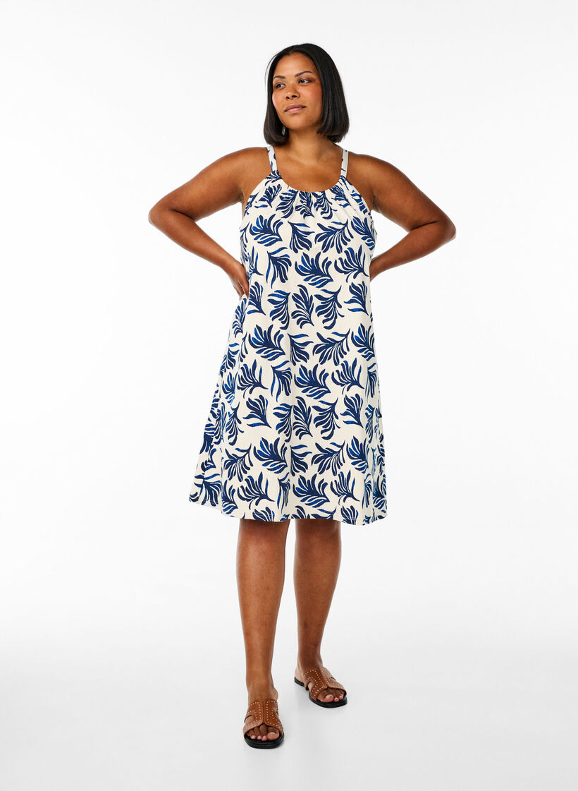 Kn&aelig;lang stropkjole i &oslash;kologisk bomuld, Hvid, Model image number 1