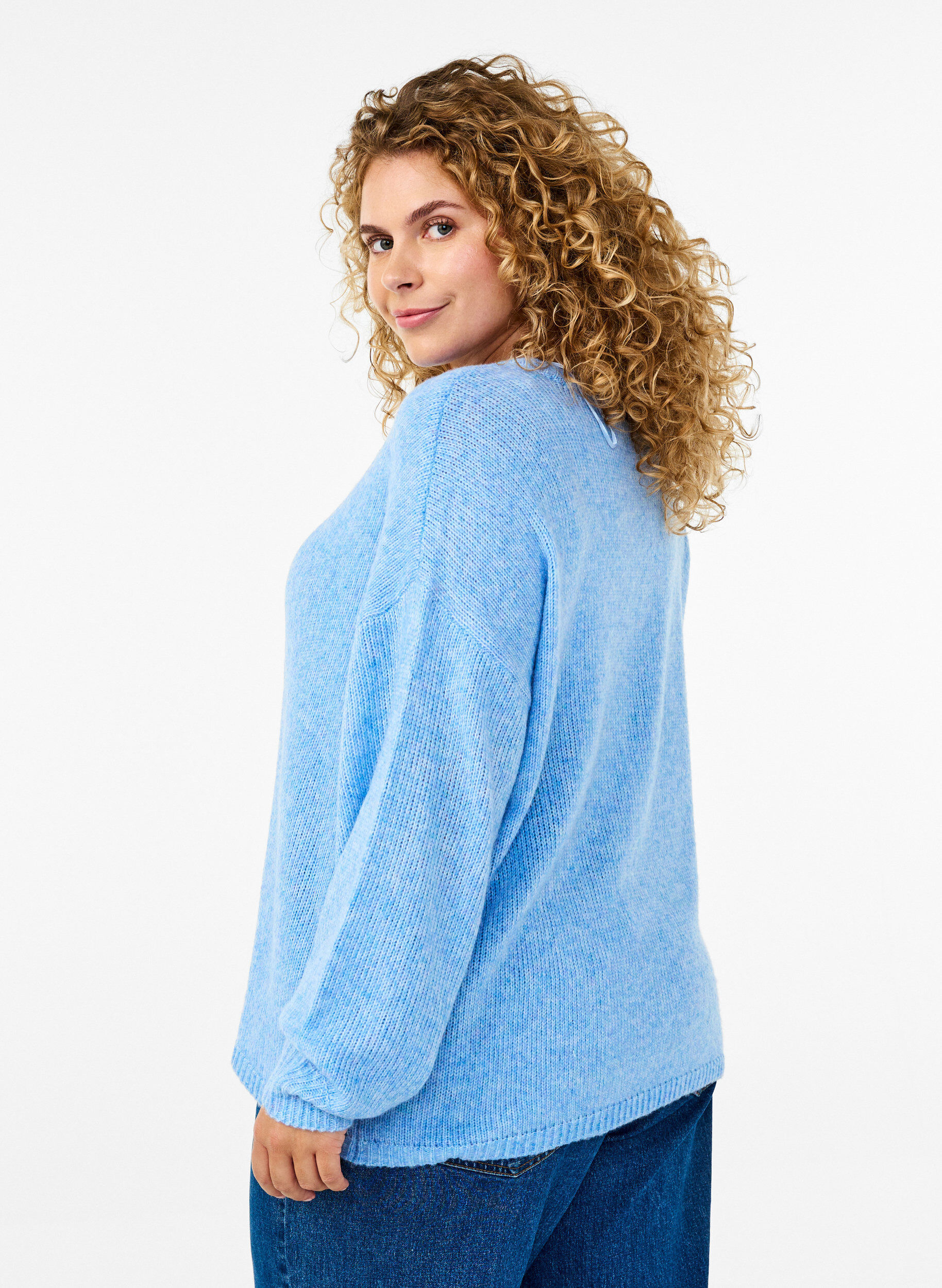 Zizzi Lang&aelig;rmet strikbluse med uld og rund hals, Della R. Blue Mel., Model image number 1