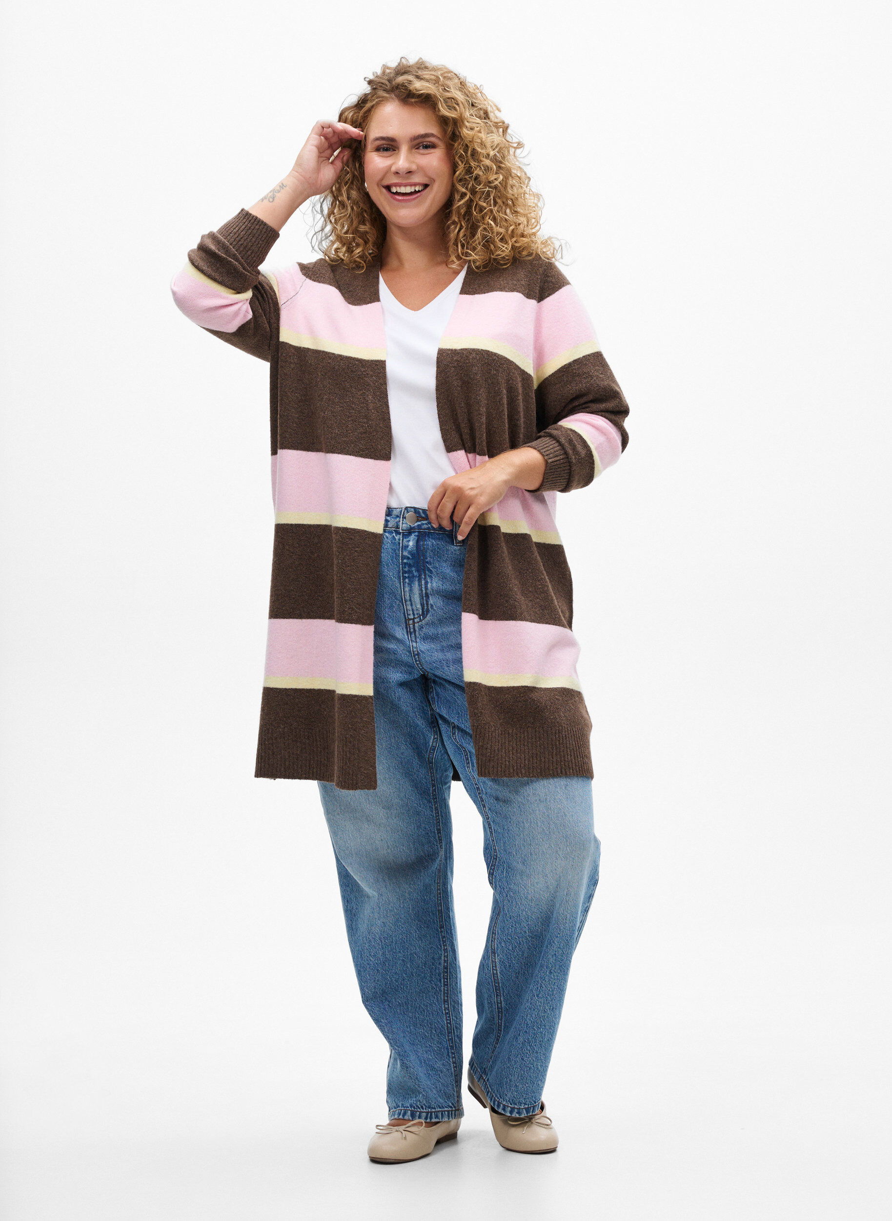 Zizzi Lang strikcardigan med brede striber, Brun, Model image number 1