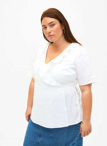 Kortærmet bluse med flæsedetalje, Bright White, Model image number 0