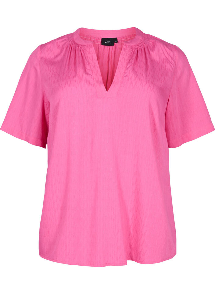 Kortærmet viskose bluse med v-hals, Shocking Pink, Packshot image number 0