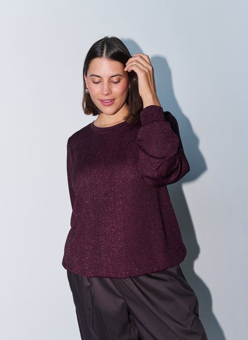Bluse med lodret struktur og glittertr&aring;d, R&oslash;d, Model image number 0