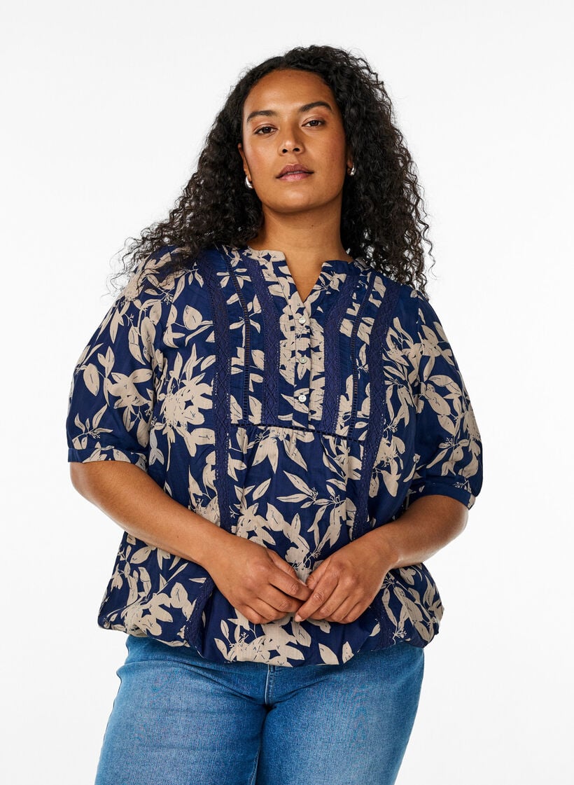 Bluse med print og 1/2 &aelig;rmer, Bl&aring;, Model image number 0