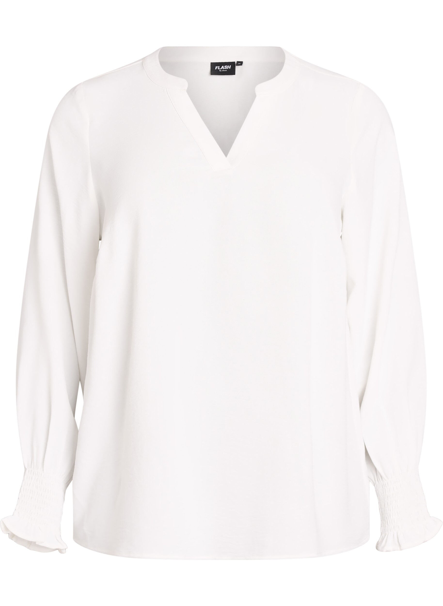 FLASH - Bluse med smock manchetter og V-udsk&aelig;ring