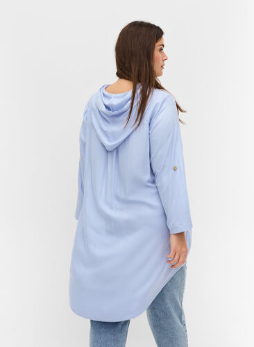 Viskose tunika med hætte og 3/4 ærmer, Icelandic Blue, Model image number 1