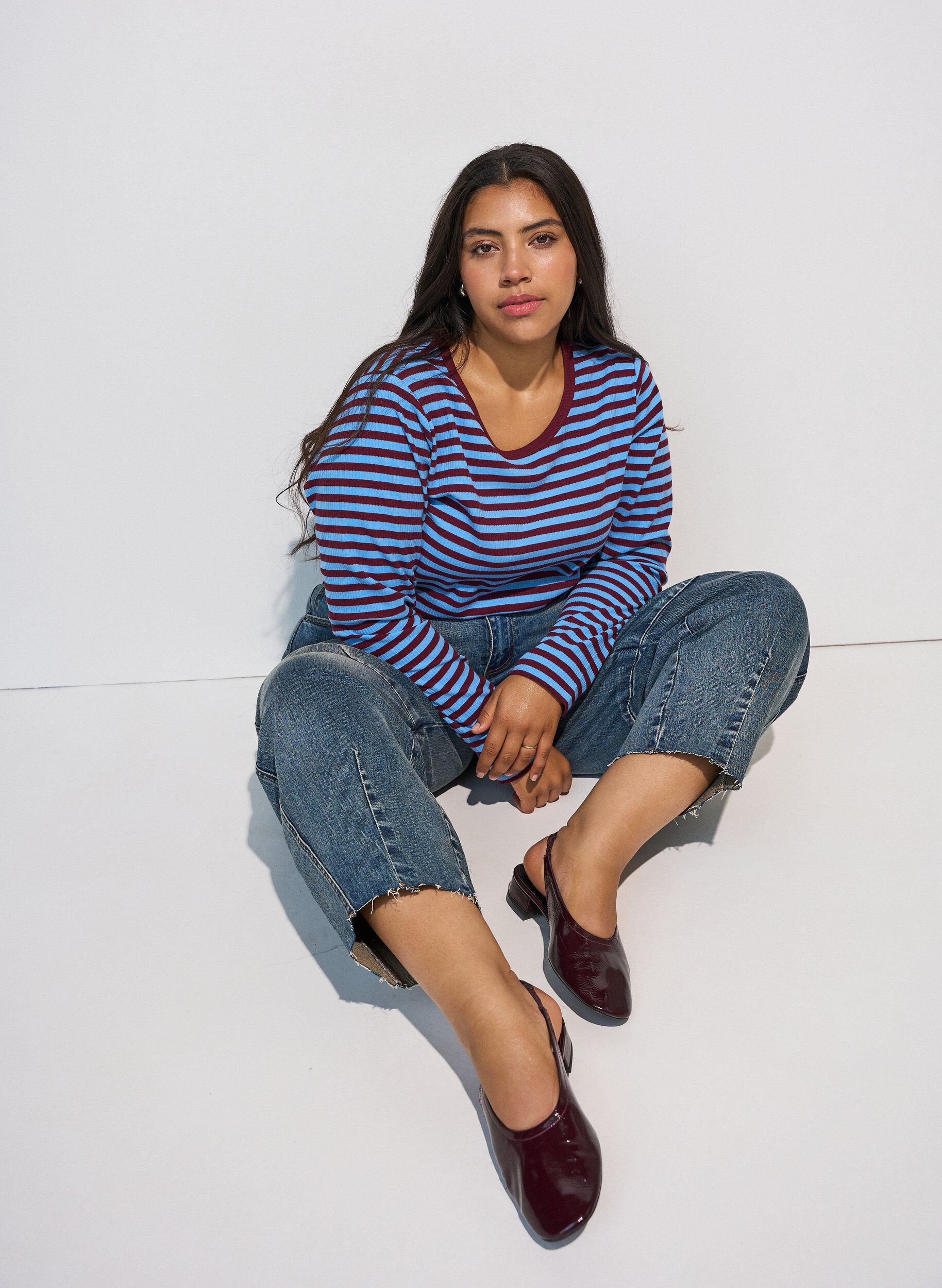 ZizziStribet bluse med lange &aelig;rmer, Bl&aring;, Model image number 0