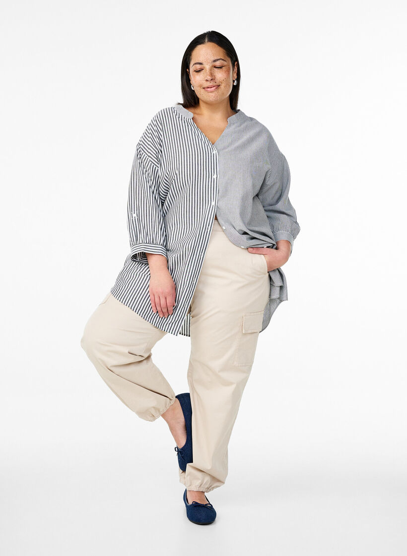 Stribet tunika med 3/4 ærmer, Sort, Model image number 1