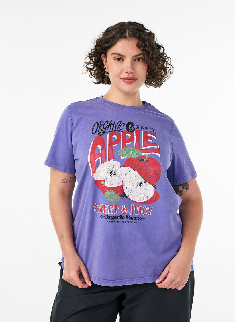 T-shirt i bomuld med frontprint og vasket look, Lilla, Model image number 0