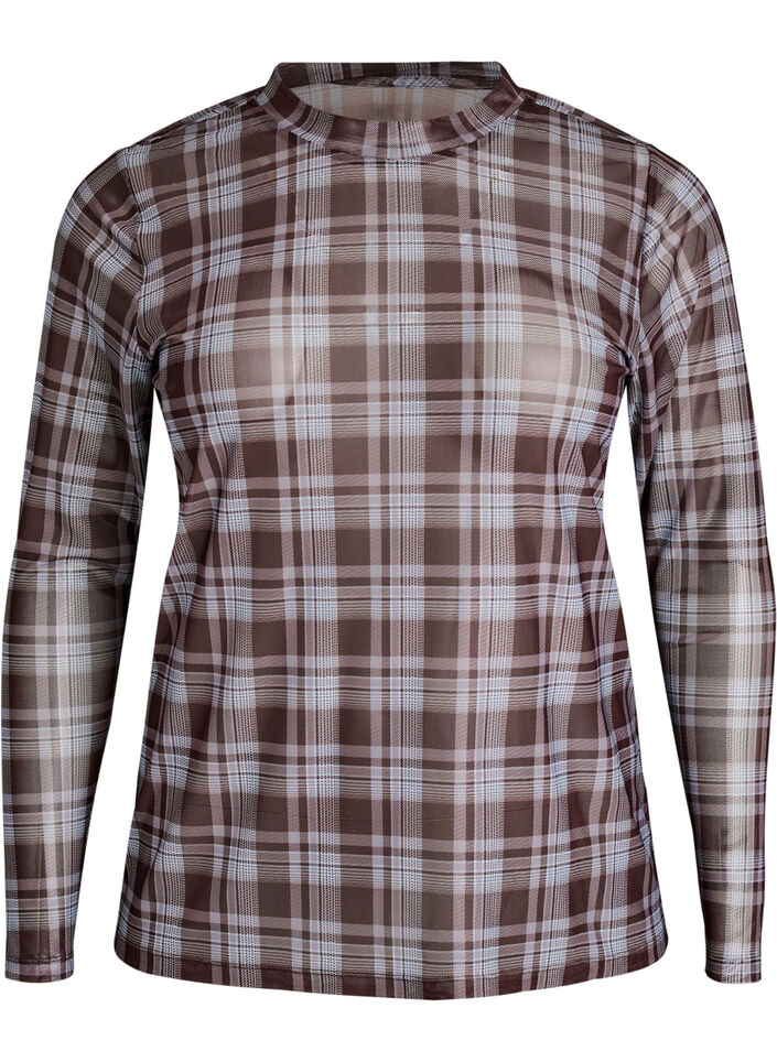 Mesh bluse med ternet m&oslash;nster, Bl&aring;, Packshot image number 0