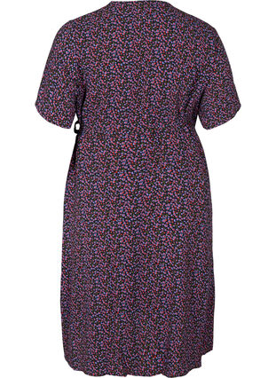 Wrap kjole i print med korte ærmer, Cobolt Blue Flower, Packshot image number 1