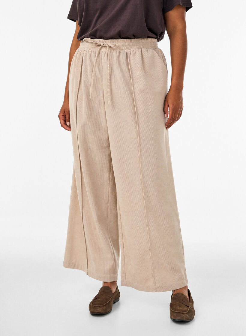 Fl&oslash;jlsbukser med vide ben og h&oslash;j talje, Beige, Model image number 2
