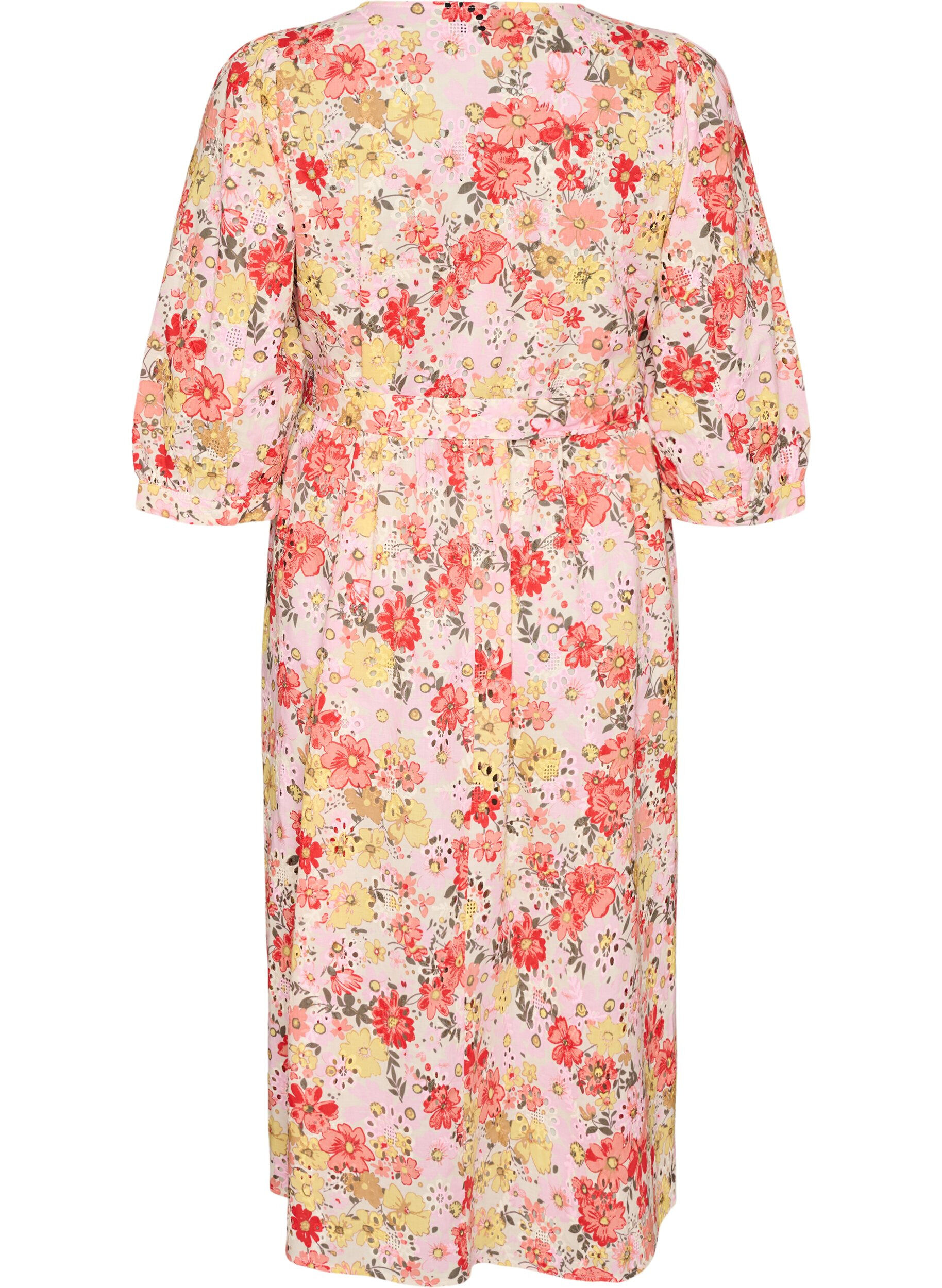 ZizziBlomstret midikjole med broderie anglaise og bindeb&aring;nd, Lyser&oslash;d, Packshot image number 1