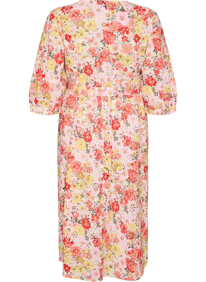 Blomstret midikjole med broderie anglaise og bindeb&aring;nd, Lyser&oslash;d, Packshot