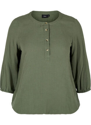 Bomulds bluse med knapper og 3/4 ærmer, Thyme, Packshot image number 0