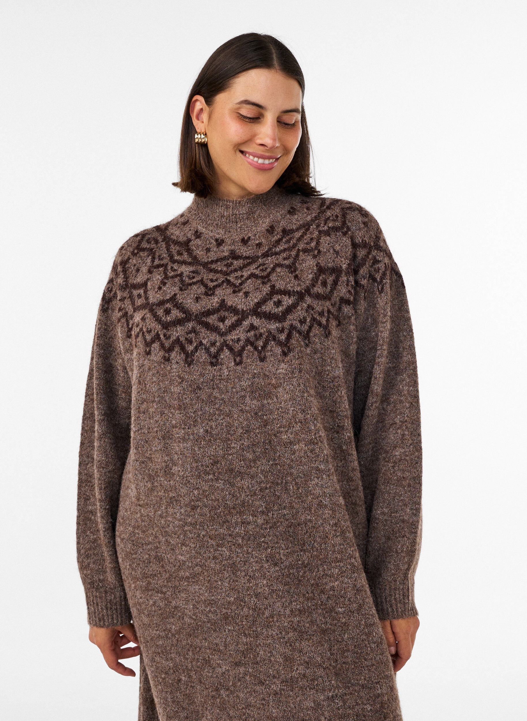 ZizziStrikkjole med jacquardm&oslash;nster, Brun, Model image number 3