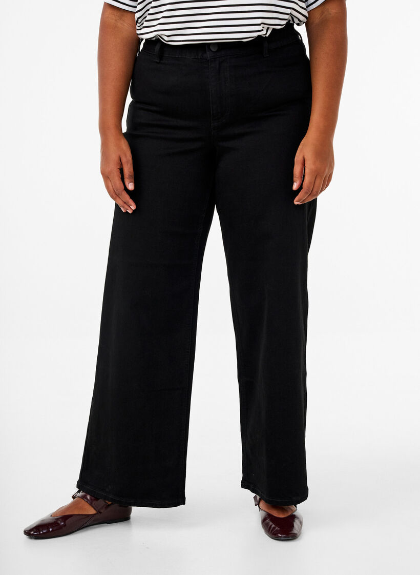 H&oslash;jtaljede jeans med vide ben, Sort, Model image number 2