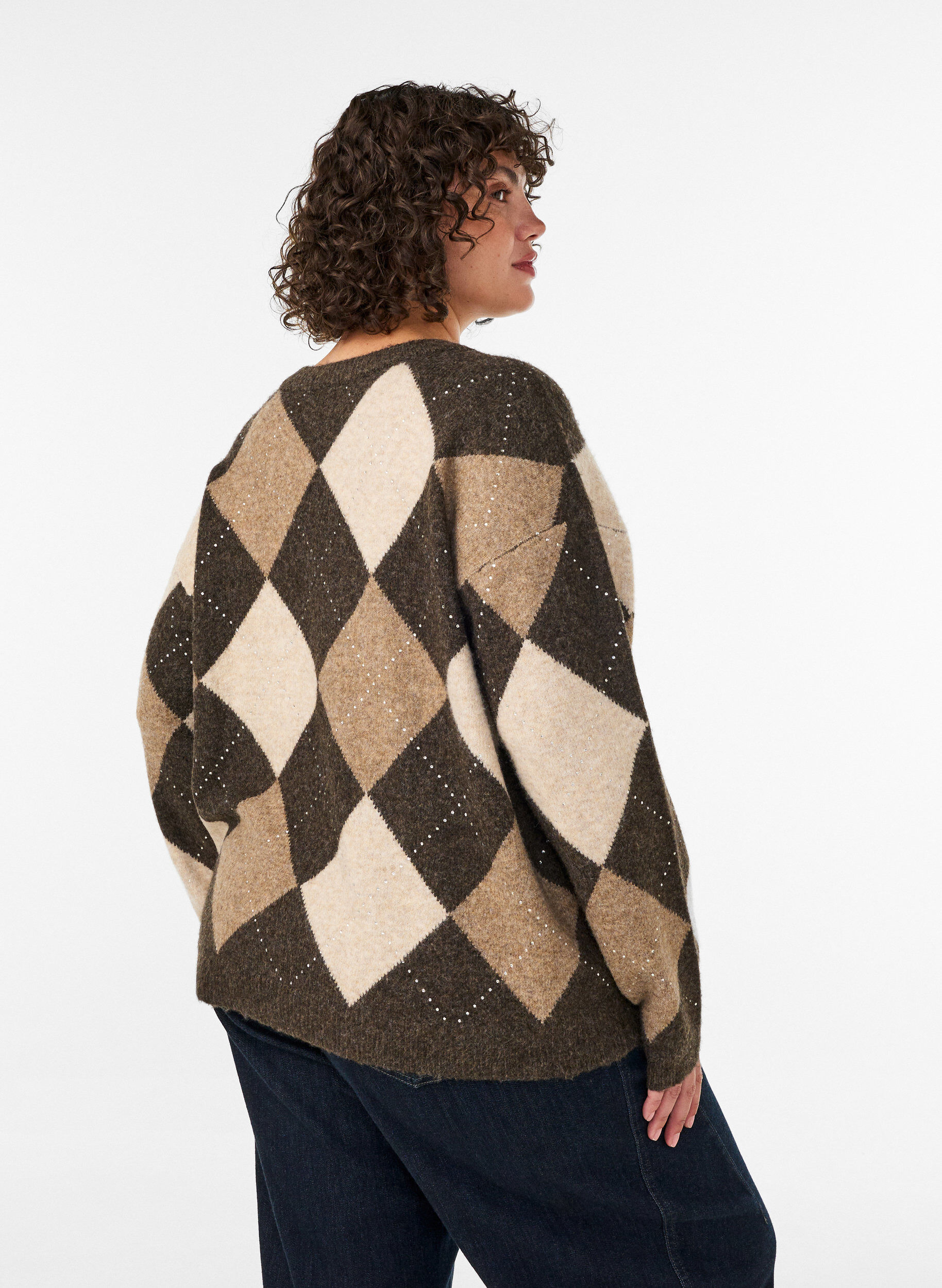 ZizziStrikbluse med argylem&oslash;nster og rhinsten, Brun, Model image number 2