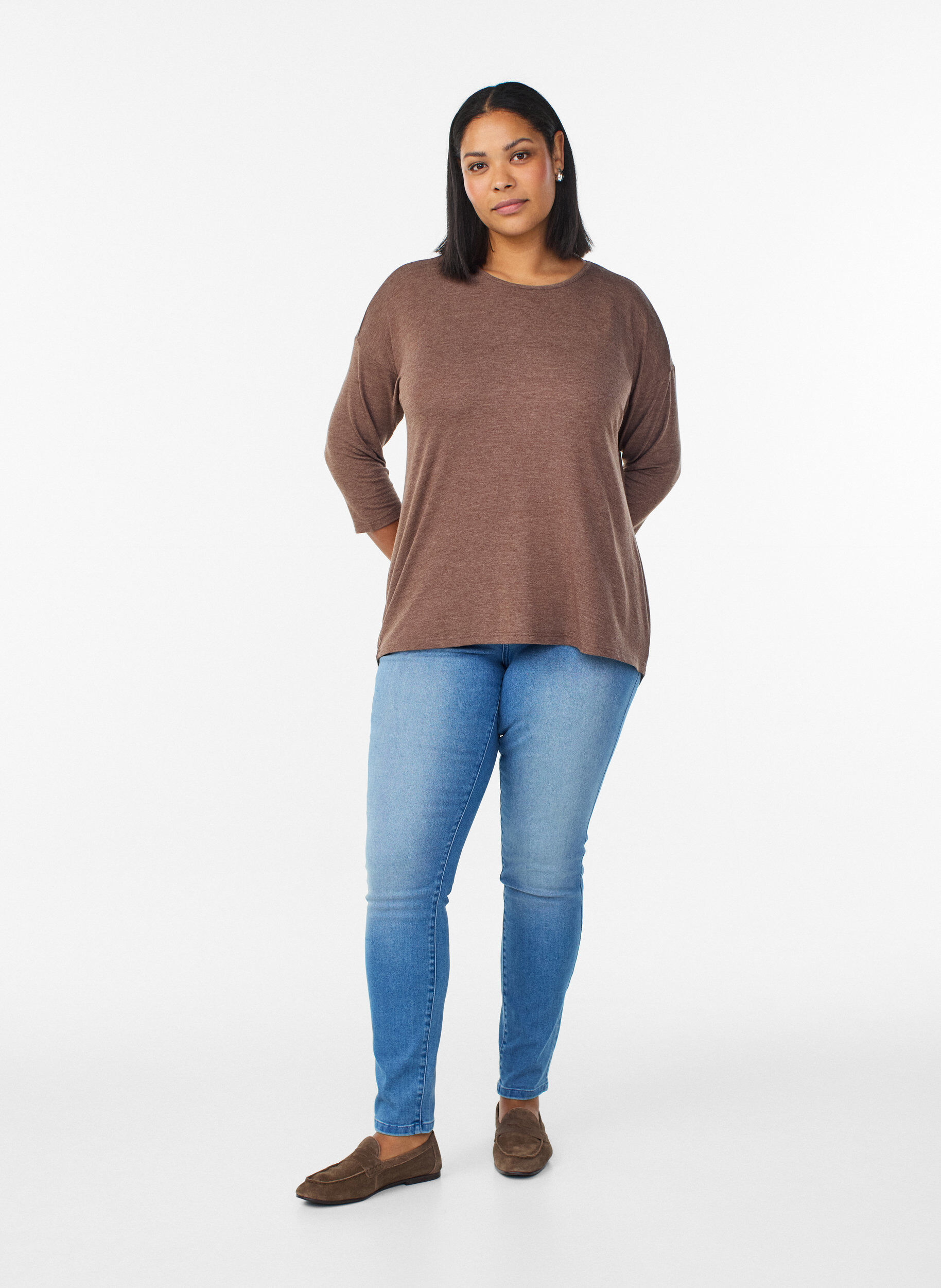 ZizziJerseybluse med 3/4 &aelig;rmer, Brun, Model image number 1