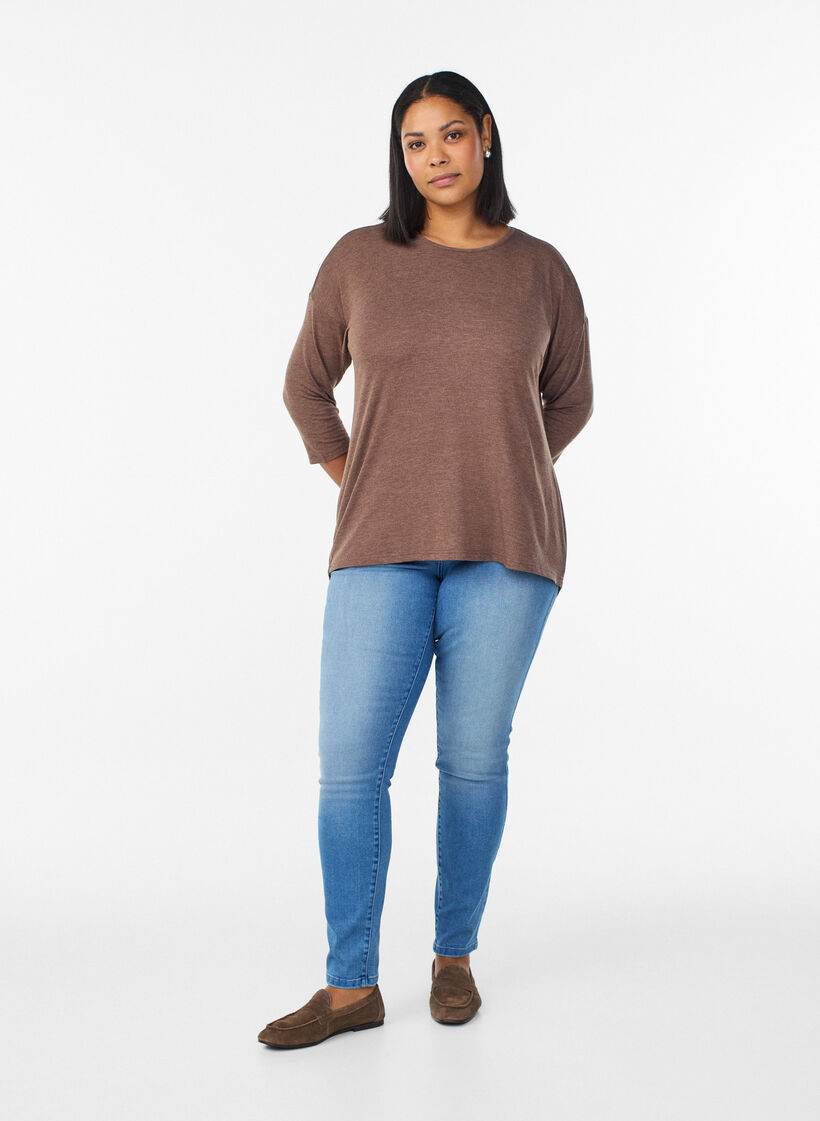 Jerseybluse med 3/4 &aelig;rmer, Brun, Model image number 1