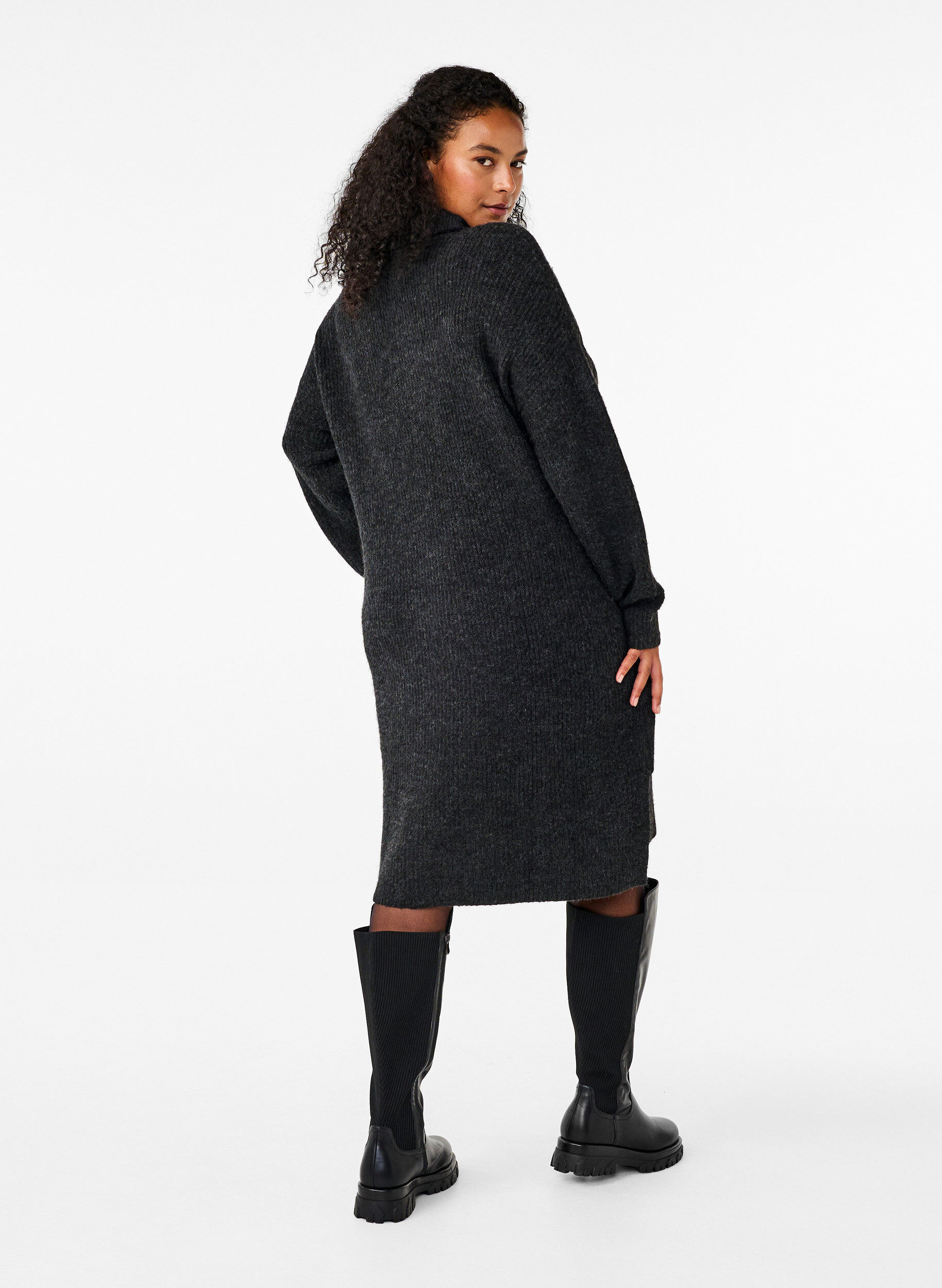 ZizziStrikkjole med rullekrave, Gr&aring;, Model image number 2