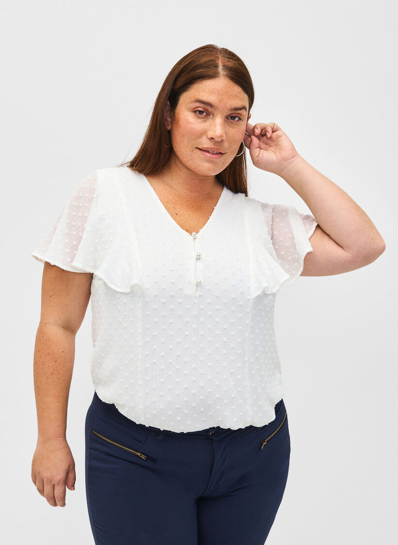 Bluse med prikket tekstur og korte ærmer, Bright White, Model image number 0