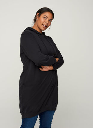 Bomulds sweatkjole med hætte, Black Solid, Model image number 0