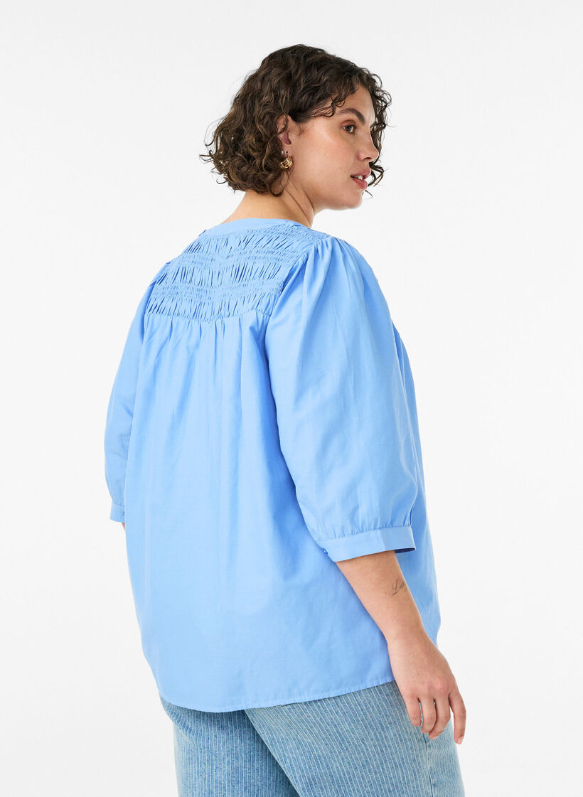 Bluse med smock og 3/4-&aelig;rmer, Bl&aring;, Model image number 2